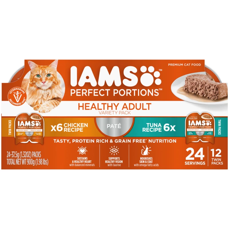 IAMS PERFECT PORTIONS Healthy Adult Grain Free* Wet Cat Food Pate Variety Pack, Chicken Recipe and Tuna Recipe, 2.6 oz. Easy Peel Twin-Pack Trays