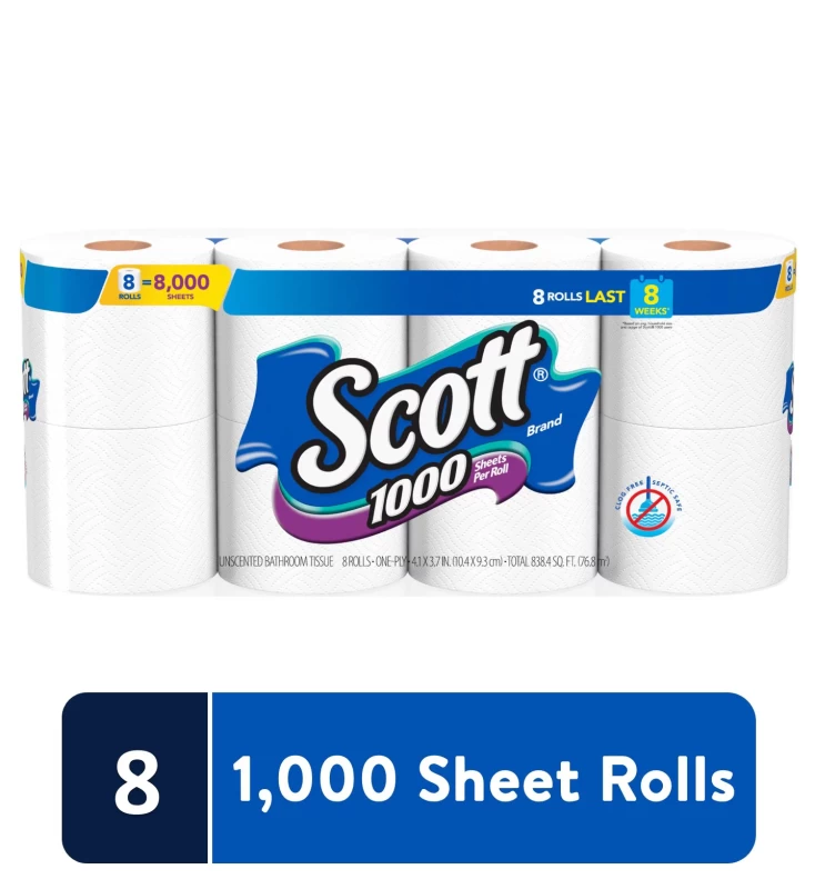 Scott 1000 Sheets Per Roll Toilet Paper, Bath Tissue, 8 count