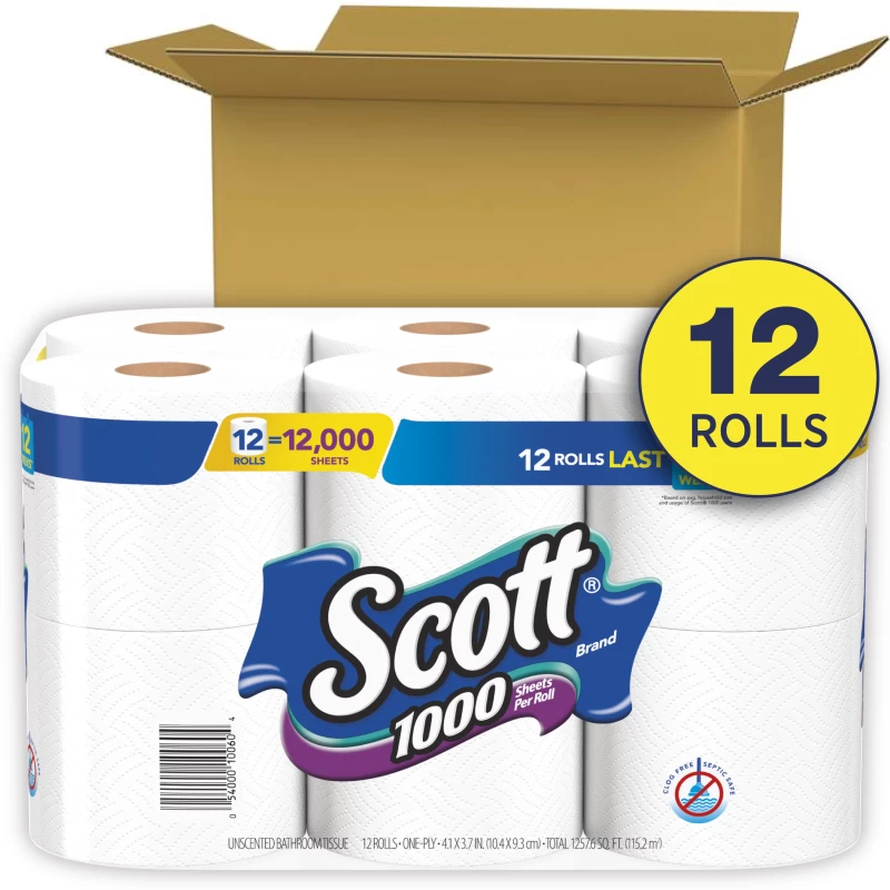 Scott 1,000 Toilet Paper, 12 Rolls, 1,000 Sheets per Roll