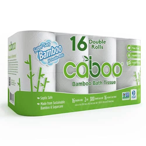 Caboo Tree-Free Bamboo Toilet Paper, Septic Safe Biodegradable Bath Tissue, Eco Friendly Soft 2 Ply Sheets, 300 Sheets Per Roll, 16 Double Rolls