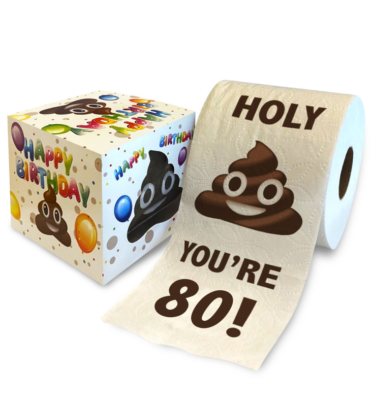 Printed TP Holy Poop You're 80 Printed Toilet Paper Gag Gift – Happy 80th Birthday Funny Toilet Paper For Best Prank, Surprise, Bathroom Decor, Novelty Bday Fun Gift For Men or Women - 500 Sheets