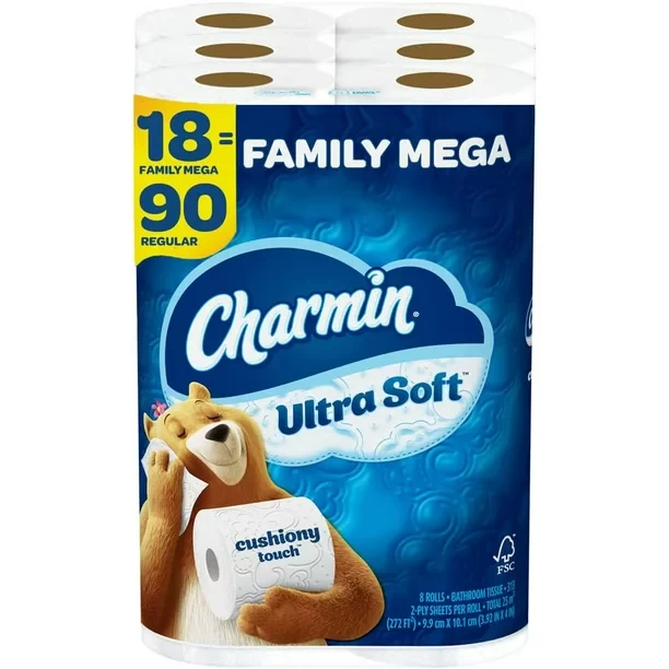 Charmin Ultra Soft Cushiony Touch Toilet Paper, 18 Family Mega Rolls = 90 Regular Rolls