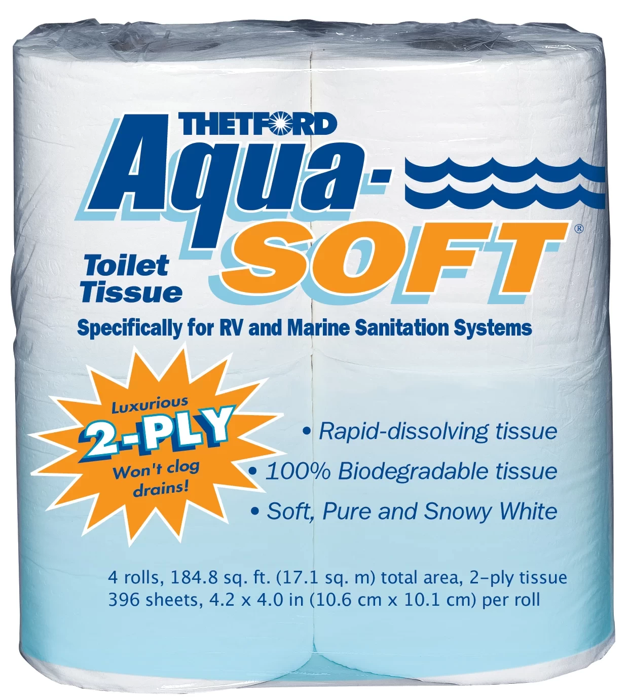 Thetford Aqua-Soft Toilet Tissue - Toilet Paper for RV and Marine, 2-Ply, 4 Rolls, 03300