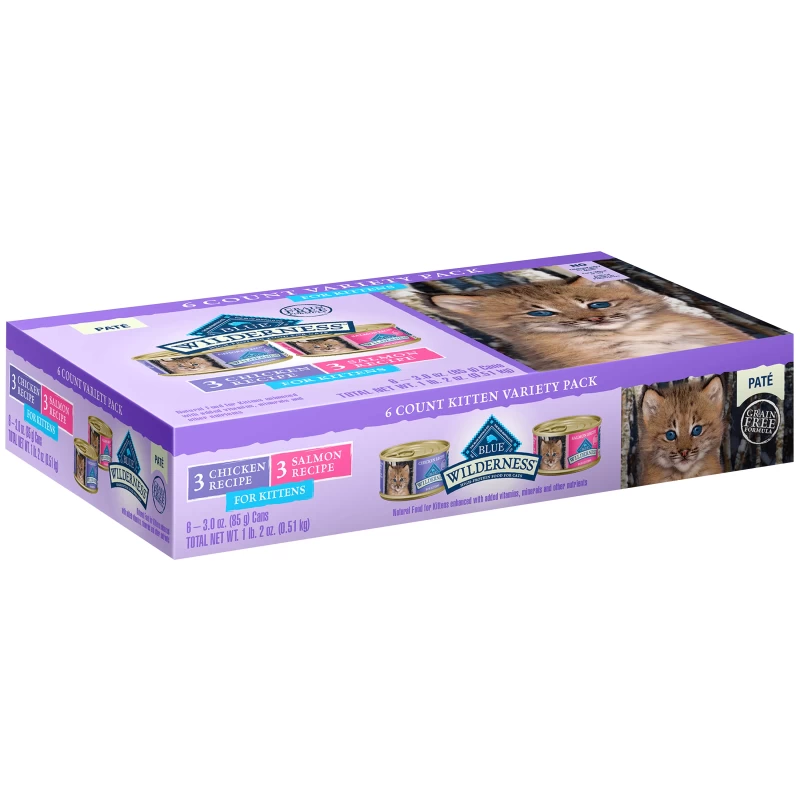 Blue Buffalo Wilderness High Protein Chicken & Salmon Pate Wet Cat Food Variety Pack for Kittens, Grain-Free, 3 oz. Cans (6 Pack)