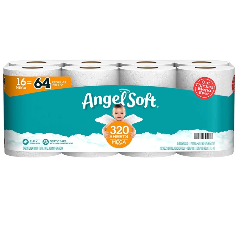Angel Soft Toilet Paper, 2 Ply Tissue Roll - Ultra Soft, Clog & Septic Safe Bath Tissue for Home Kitchen Bathroom Hygiene Supplies (16 Mega Rolls = 64 Regular Rolls) 1 Pack & CUSTOM Storage Carrier